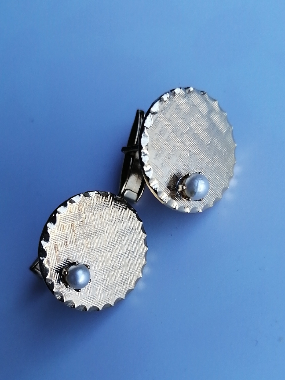 Vintage Goldtone Crosshatch Textured Round Cufflinks with Faux Pearl Accent